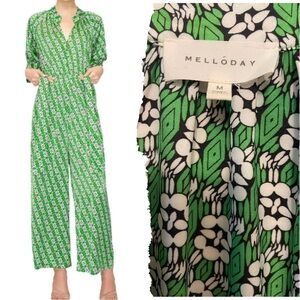 Green Floral Women's Jumpsuit Melloday crop spring Easter size Medium M